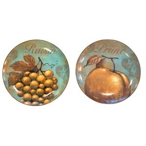 2  “Delicious” French Fruit Porcelain 8.5 Vintage Plate Set- Pier 1- Use/Decor